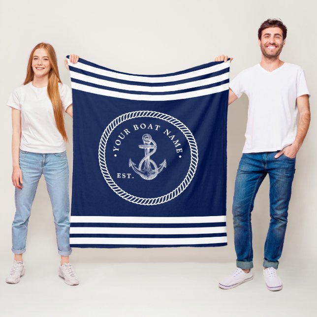 Nautical Anchor & Rope Boat Namn Navy Blue & White Fleecefilt (På plats)