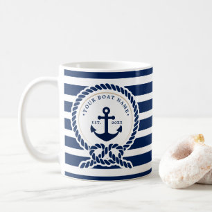 Nautical Anchor & Rope Boat Namn Navy Blue & White Kaffemugg