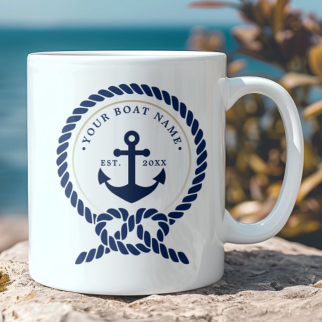 Nautical Anchor & Rope Boat Namn Navy Blue & White Kaffemugg (Skapare uppladdad)