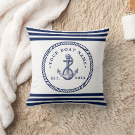 Nautical Anchor & Rope Boat Namn Navy Blue & White Kudde