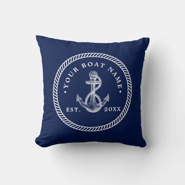 Nautical Anchor & Rope Boat Namn Navy Blue & White Kudde (Framsida)