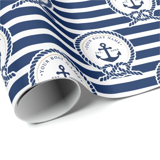 Nautical Anchor & Rope Boat Namn Navy Blue & White Presentpapper (Rullad Hörn)