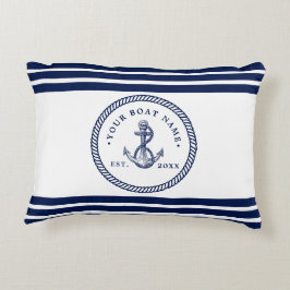 Nautical Anchor & Rope Boat Namn Navy Blue & White Prydnadskudde