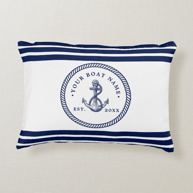 Nautical Anchor & Rope Boat Namn Navy Blue & White Prydnadskudde (Baksidan)