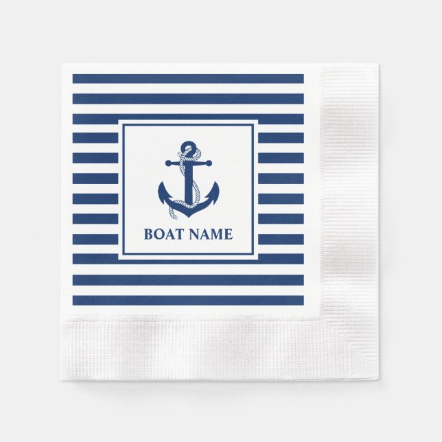 Nautical Anchor Rope Stripe Boat Namn Cocktail Pappersservett (Framsidan)