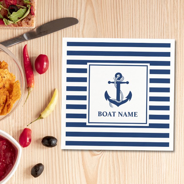 Nautical Anchor Rope Stripe Boat Namn Pappersservett (Customize to change text size or text style. )