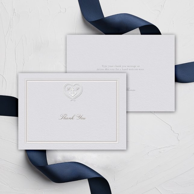 Nautical Anchor Rope Vapensköld Coastal Formal Brö Tack Kort (nautical wedding thank you classic formal traditional frame faux embossed anchor crest monograms)