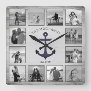 Nautical Anchor Rustic Wood Black & White Photos Fyrkantig Klocka