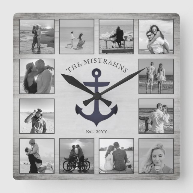 Nautical Anchor Rustic Wood Black & White Photos Fyrkantig Klocka (Framsida)
