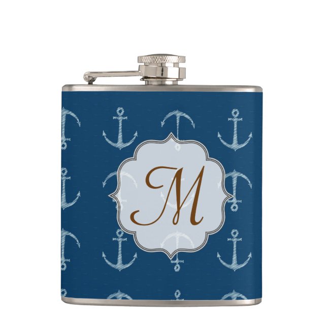 Nautical Anchor Sail Sailin Monogram Whiskey-kolv Fickplunta (Framsidan)
