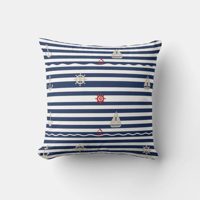 Nautical Anchor Sailboat Stripe Pattern Kudde (Framsida)
