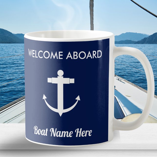 Nautical Anchor Sailing Navy Blue Welcome Aboard Kaffemugg (A personalized nautical mug in navy blue and white, with 'Welcome Aboard' message and anchor picture)