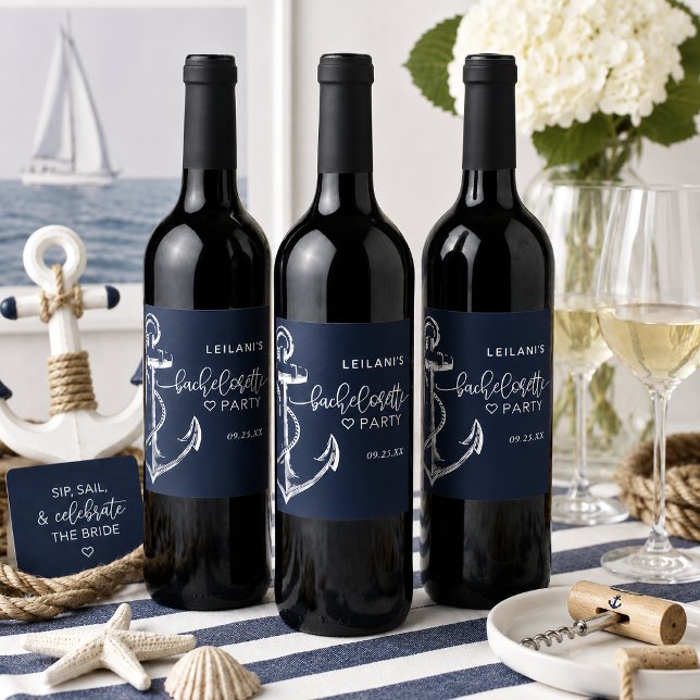 Nautical Anchor Sängkammare Vit Vinflaska Etikett (Navy blue nautical anchor wine label for bachelorette celebration.)