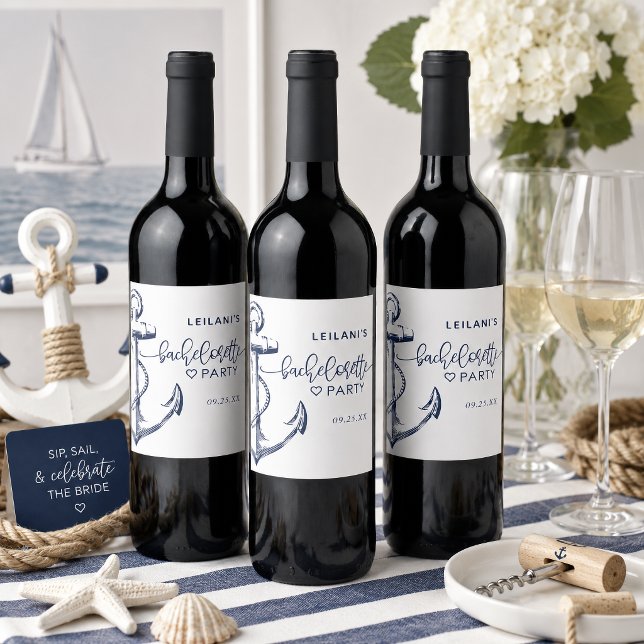 Nautical Anchor Sängvätning Vit Vinflaska Etikett (Nautical Anchor Bachelorette Navy Blue design is perfect for the beach bride-to-be.
)