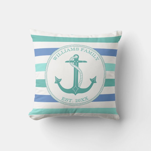 Nautical Anchor Seafoam Rand Family Monogram Kudde (Framsida)