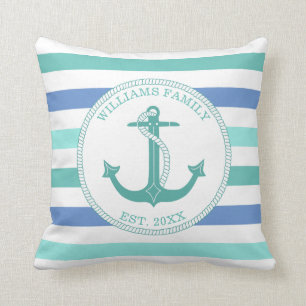 Nautical Anchor Seafoam Rand Family Monogram Kudde