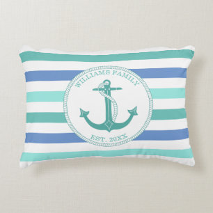 Nautical Anchor Seafoam Rand Family Monogram Prydnadskudde