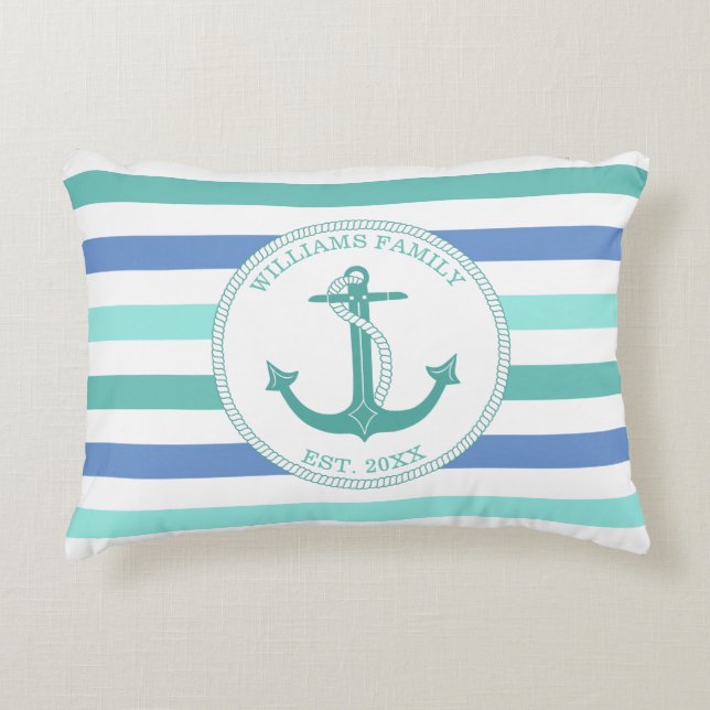 Nautical Anchor Seafoam Rand Family Monogram Prydnadskudde (Framsidan)