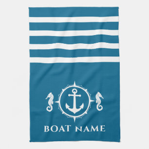 Nautical Anchor Seahorse Your Boat Namn Aqua Blue Kökshandduk