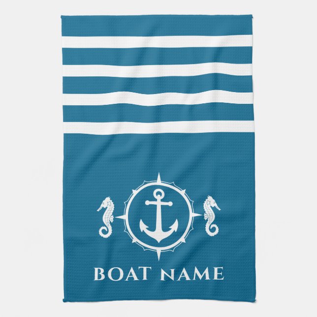Nautical Anchor Seahorse Your Boat Namn Aqua Blue Kökshandduk (Vertikal)