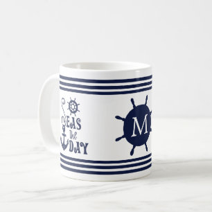 Nautical Anchor Seas the DAY Navy Monogramme Kaffemugg
