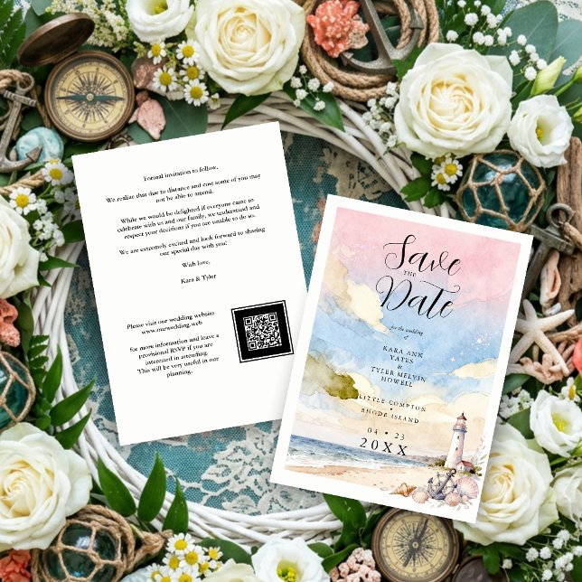 Nautical Anchor & Seashells Coastal Scene Wedding Spara Datumet (Nautical Anchor & Seashells Coastal Wedding Scene Save the Date Card with Watercolor Effect.)