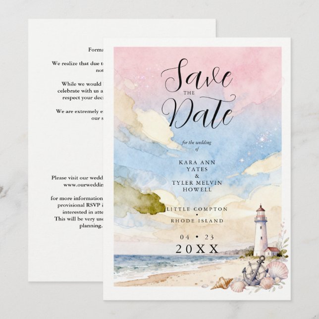 Nautical Anchor & Seashells Coastal Scene Wedding Spara Datumet (Fram/baksida)