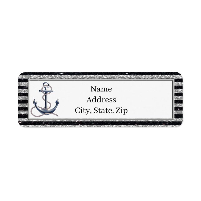 Nautical Anchor Silver Black Rand Adress Returadress Etikett (Framsidan)