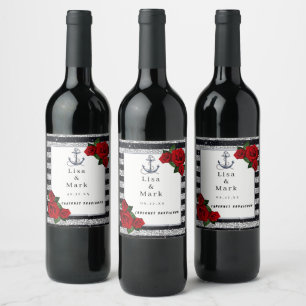 Nautical Anchor Silver Black Rand Bröllop Vinflaska Etikett