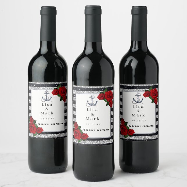 Nautical Anchor Silver Black Rand Bröllop Vinflaska Etikett (Flaskor)
