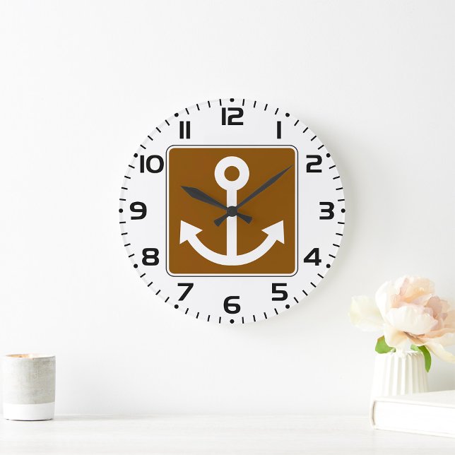 Nautical Anchor Symbol Brown Marina Sign Stor Klocka (Skapare uppladdad)