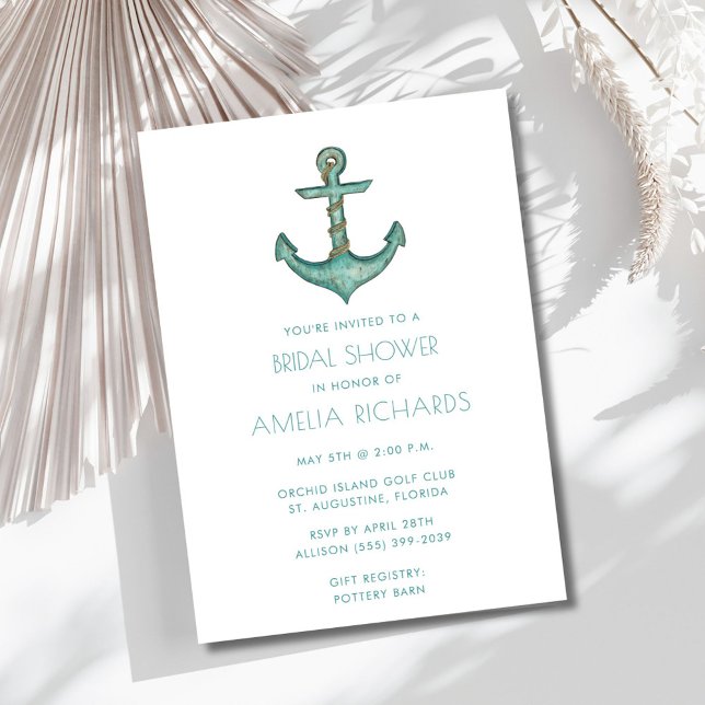 Nautical Anchor Teal Rand Möhippa Inbjudan (Nautical Anchor Teal Stripe Bridal Shower Invite)