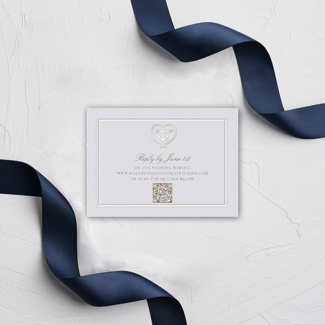 Nautical Anchor Vapensköld Formal QR Bröllop Respo (nautical wedding RSVP QR classic formal traditional frame faux embossed anchor crest monograms)