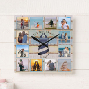 Nautical Anchor Vintage Wood 12-fotokollage Fyrkantig Klocka