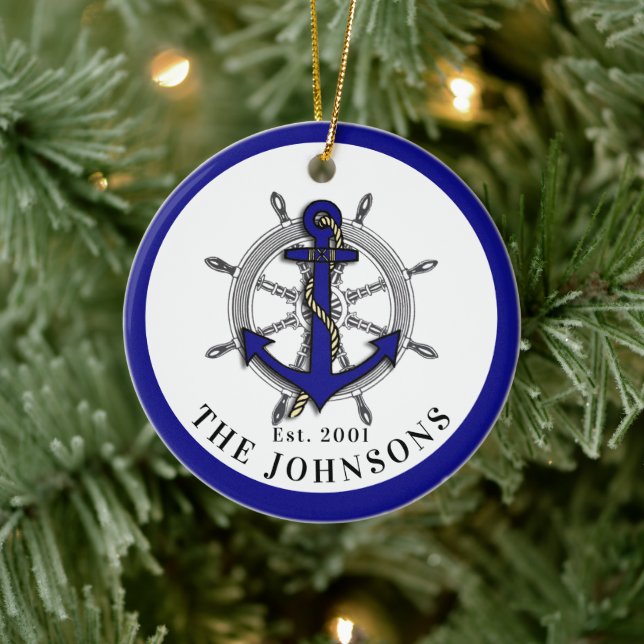Nautical Anchor Wheel Navy Blue Metall Ornament (Träd)