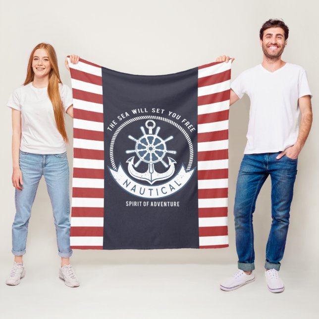 Nautical Anchor,Wheel, Navy Blue,Red Rand Fleecefilt (På plats)