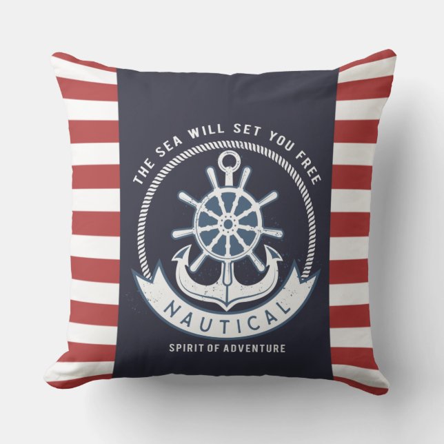 Nautical Anchor,Wheel, Navy Blue,Red Rand Kudde (Framsida)