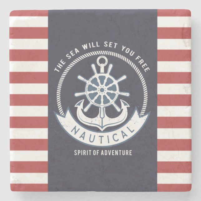 Nautical Anchor,Wheel, Navy Blue,Red Rand Stenunderlägg (Framsidan)