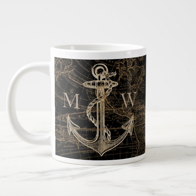 Nautical Anchor World Map Monogrammed Black Jumbo Mugg (Vänster)