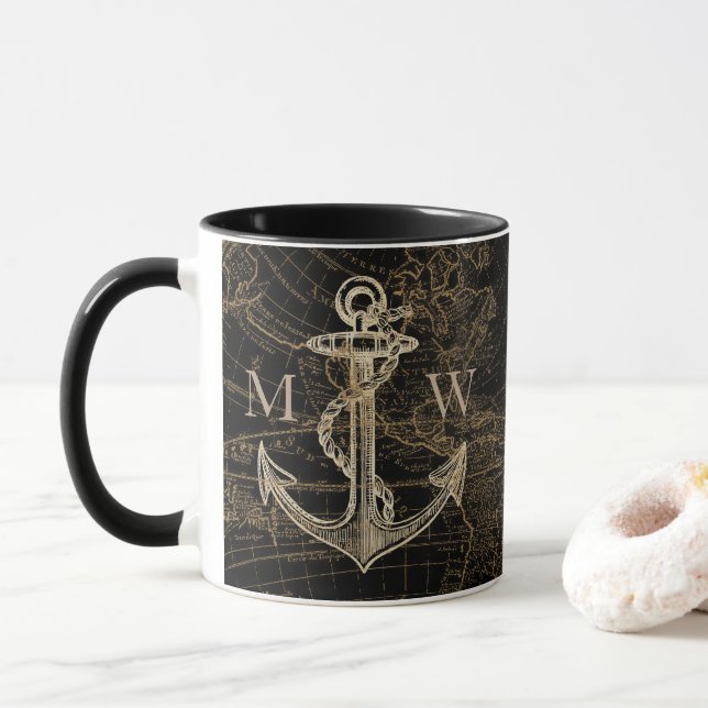Nautical Anchor World Map Monogrammed Black Mugg (Med munk)