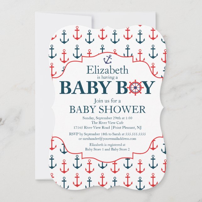Nautical Anchors Away Boys Baby Shower Inbjudningar (Framsida)