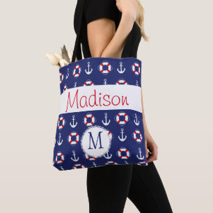 Nautical Anchors Navy Red Trendig Initial Monogram Tygkasse