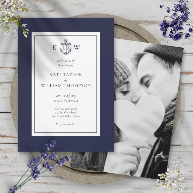 Nautical Ankar Navyblå Monogram Bröllopsfoto Inbjudningar (Nautical Anchor Navy Blue Monogram Wedding Photo Invitation)