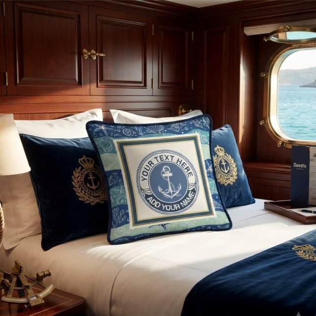 Nautical Ankar & Skal Monogram Marinblå Teal Kudde (Skapare uppladdad)