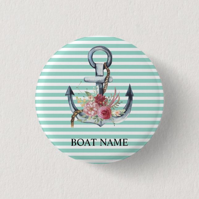Nautical, Ankarblommor Mintgröna Ränder   Knapp (Framsida)