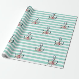 Nautical, Ankarblommor Mintgröna Ränder Presentpapper