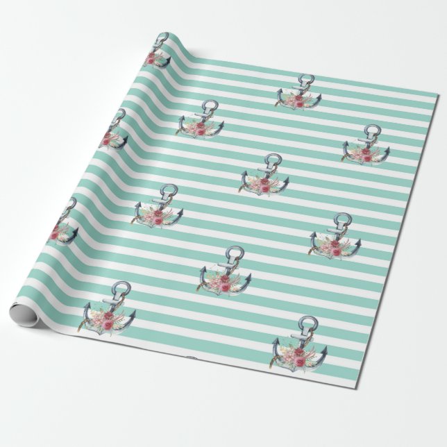 Nautical, Ankarblommor Mintgröna Ränder   Presentpapper (Utrullad)