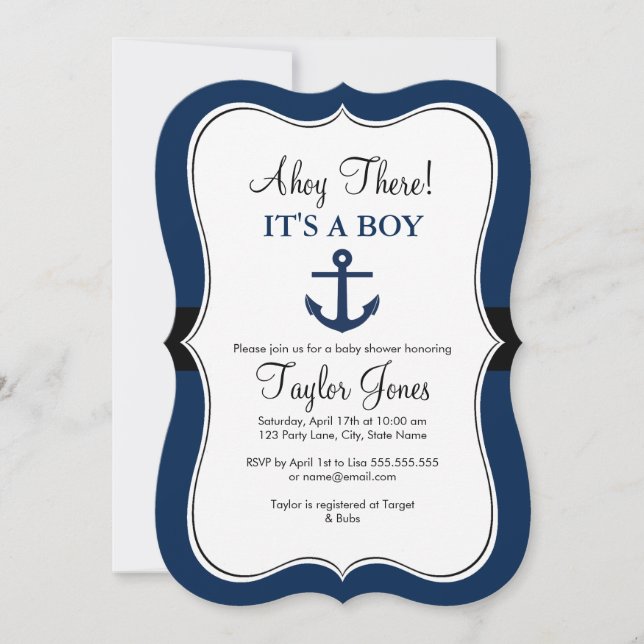 Nautical Ankare Navy Baby Shower Inbjudan (Framsida)