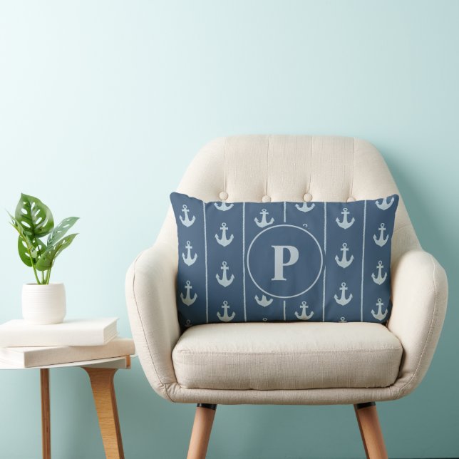 Nautical Ankare och Rep Ränder | Monogram Lumbarkudde (Stol)