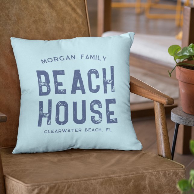 Nautical Aqua Blue & White Beach House Namn Kudde (Skapare uppladdad)